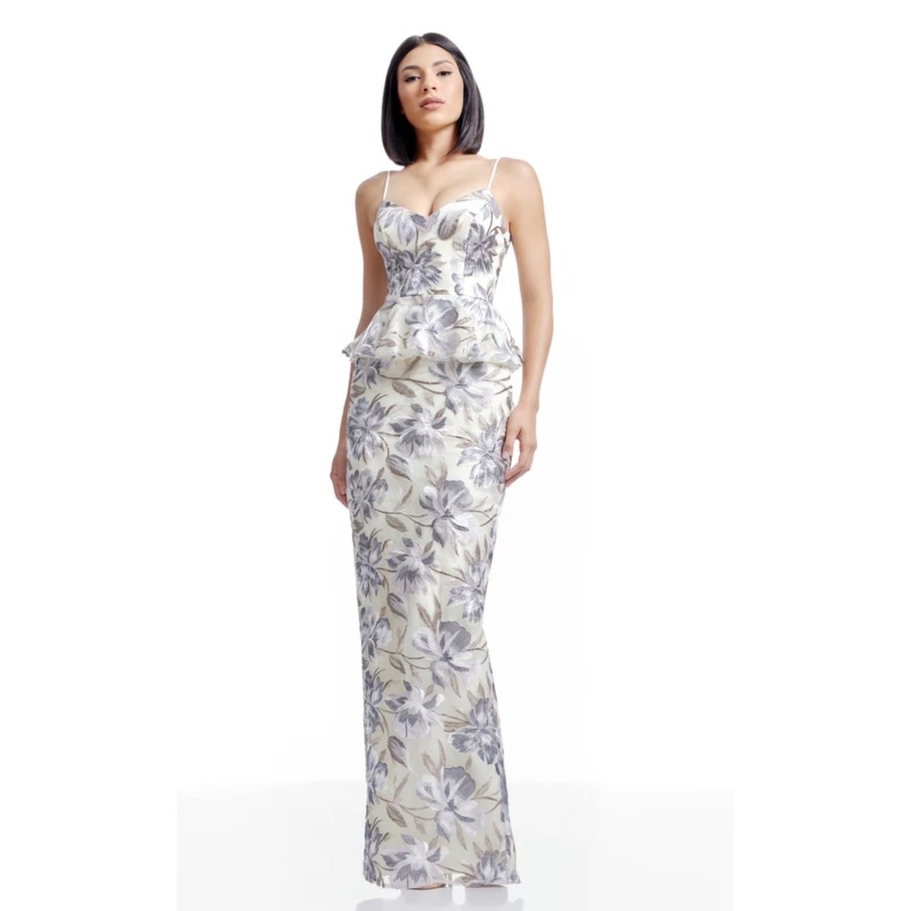 Dress the Population Akiah Floral Embroidered Peplum Gown Ivory Multi Small NWT